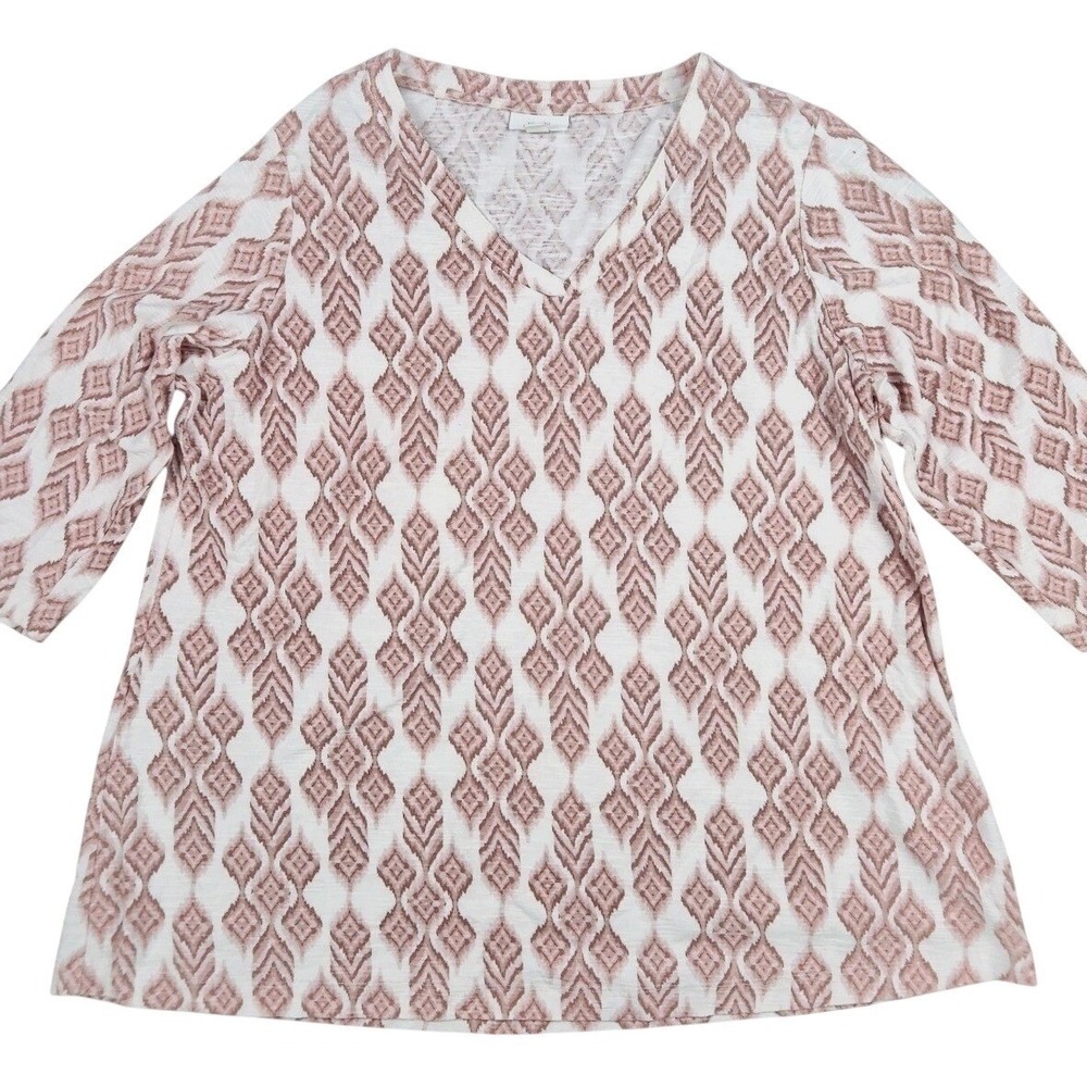 J Jill Pure Jill Blouse Top XL Brown‎ White Diamond Print 3/4 Sleeve 100% Cotton